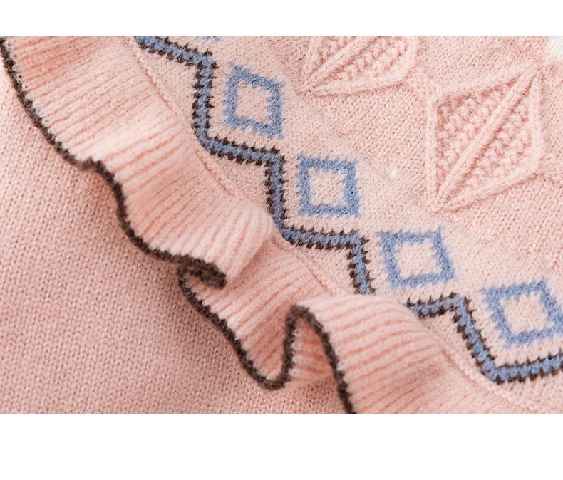 北歐圖騰木耳花邊細針織毛衣-紅色