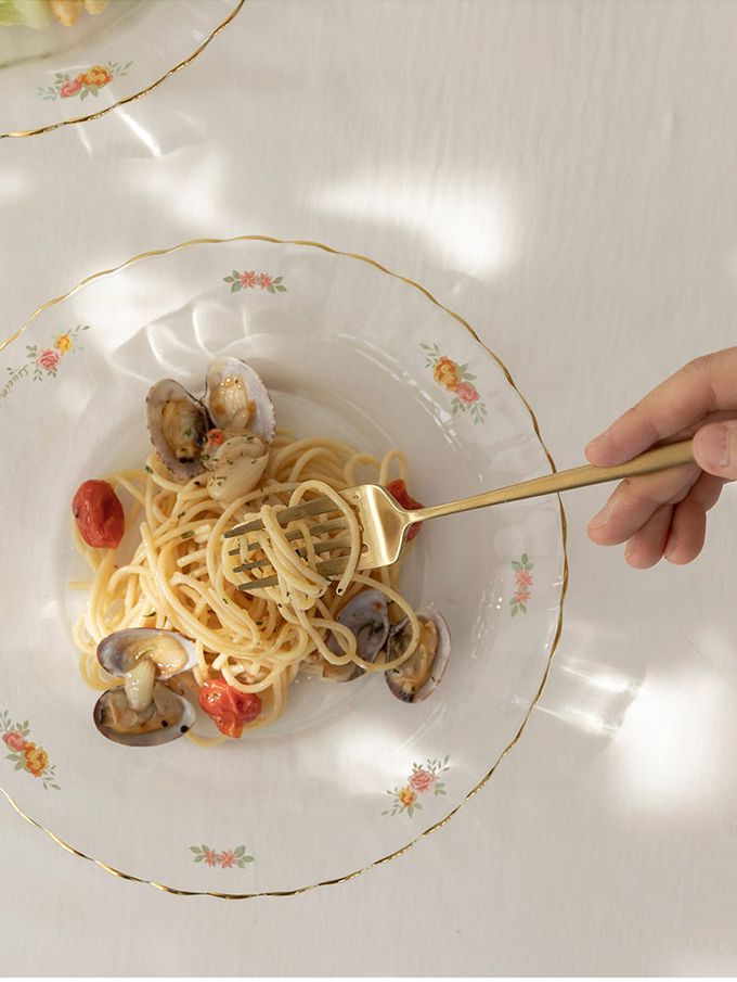 韓國 SSUEIM - 古典玫瑰系列金邊玻璃義大利麵深盤23cm