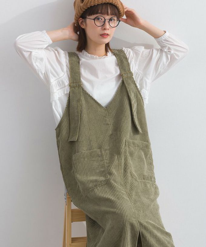 日本 Lupilien - 可愛厚實燈芯絨開叉吊帶裙-橘