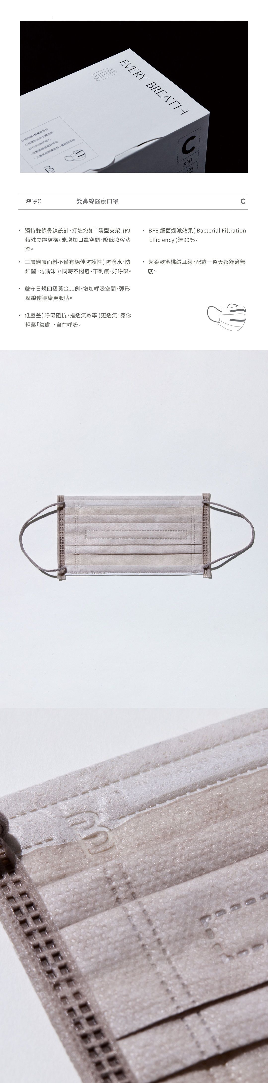 EVERY BREATH - 成人醫療級雙鼻壓條平面口罩/一心一罩/雙鋼印/台灣製-深呼C-靜謐裸-30入/盒(未滅菌)