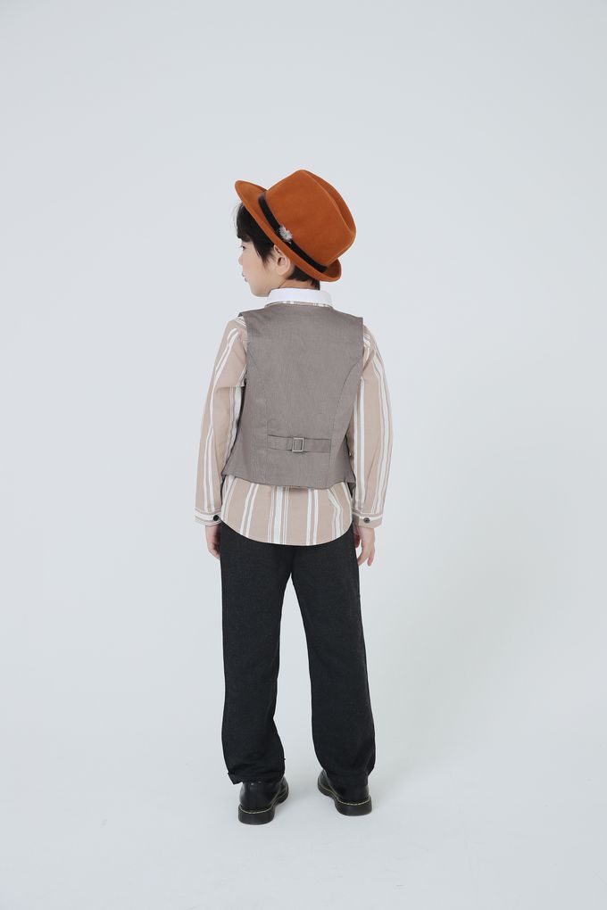 韓國 Coco Bang - 間隔條紋小口袋翻領長袖襯衫-灰