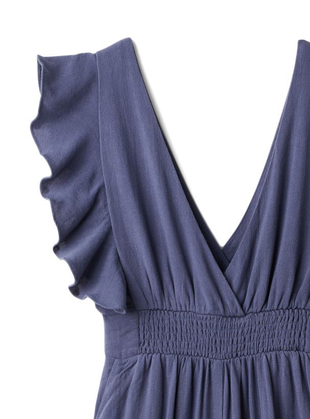 日本 GRL - V領棉麻荷葉邊修身吊帶褲-米杏