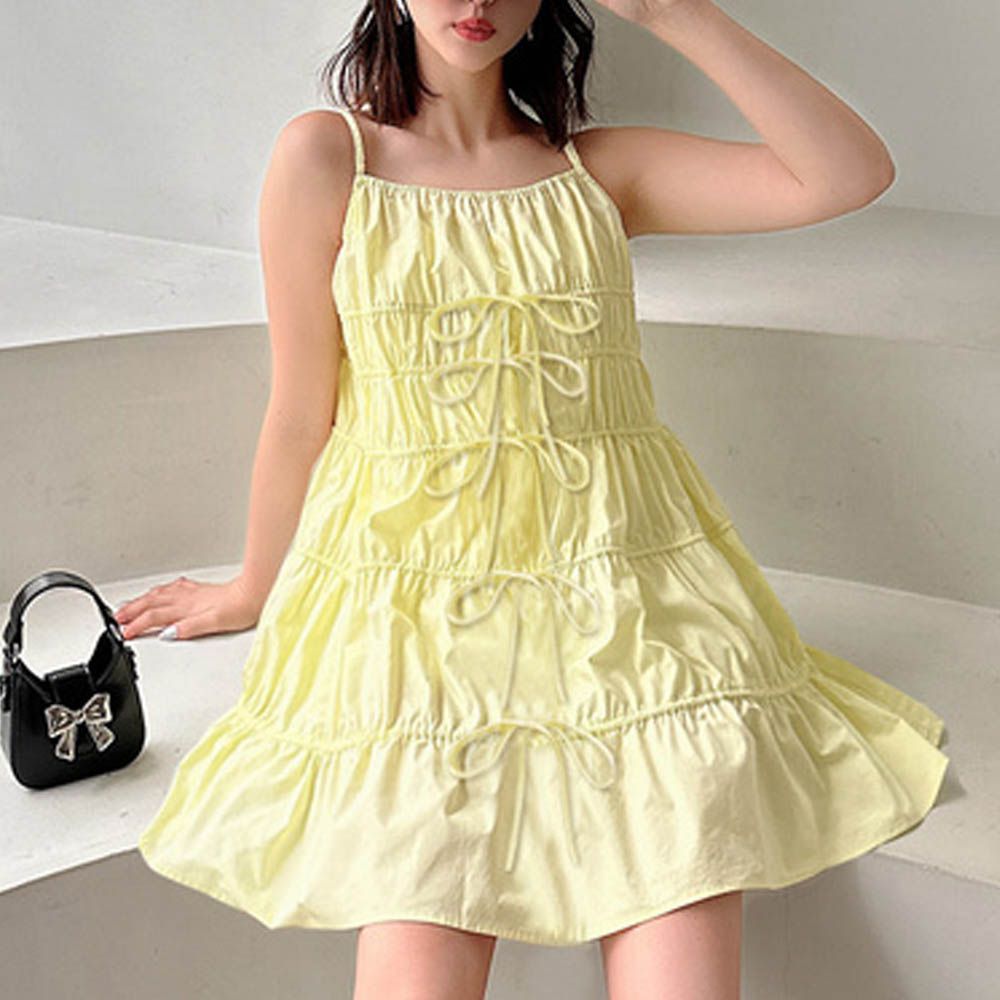 分層皺褶細肩帶短洋裝/短上衣-淺黃 (F)