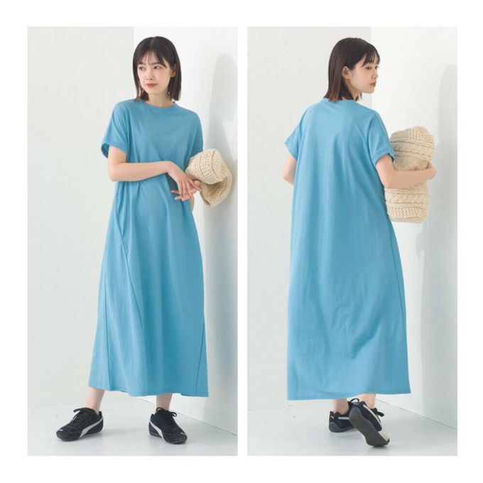 日本 OMNES - 接觸涼感 嫘縈圓領傘狀短袖洋裝-天空藍