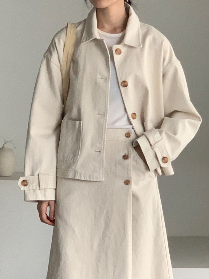 韓國女裝連線 - 後鬆緊鈕扣點綴A字長裙-米白 (FREE)