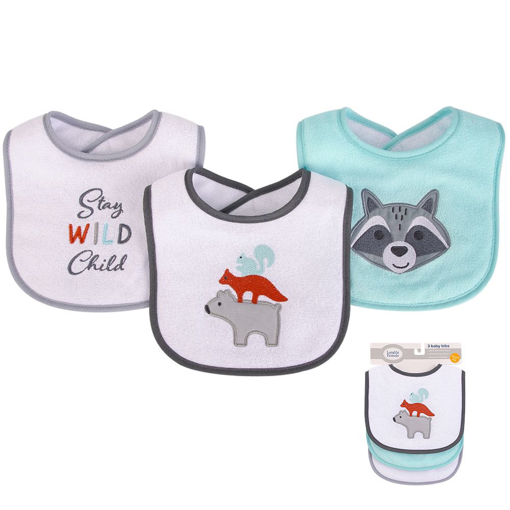 美國 Luvable Friends - 甜蜜寶貝嬰幼兒雙層吸水口水巾圍兜3入組-小浣熊