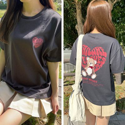 日本 GRL - 甜心熊熊印花短袖上衣-炭灰 (F)