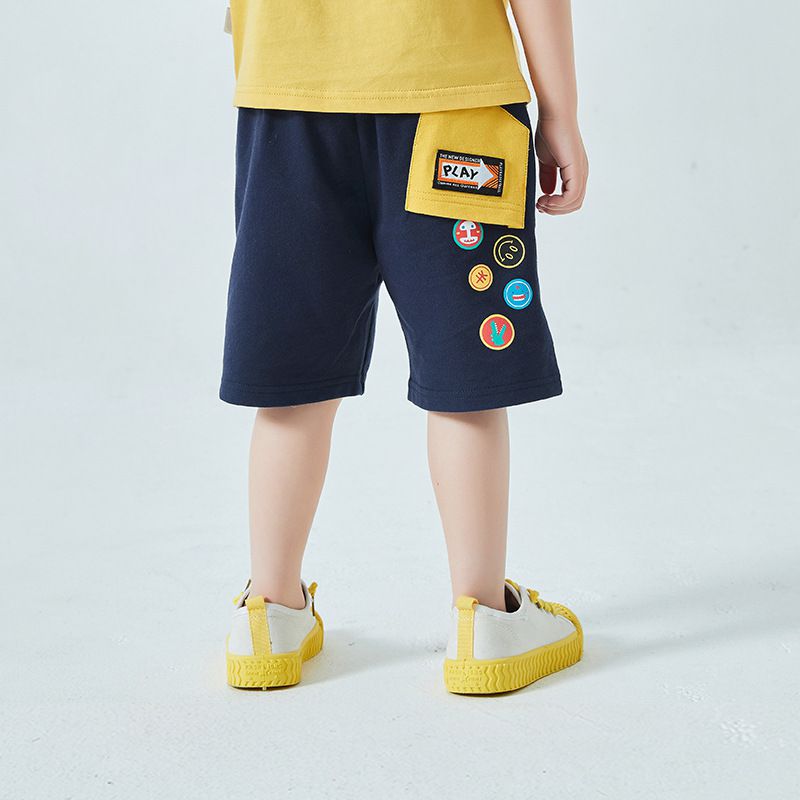 純棉休閒運動五分褲-刺繡小圓標籤-深藍色