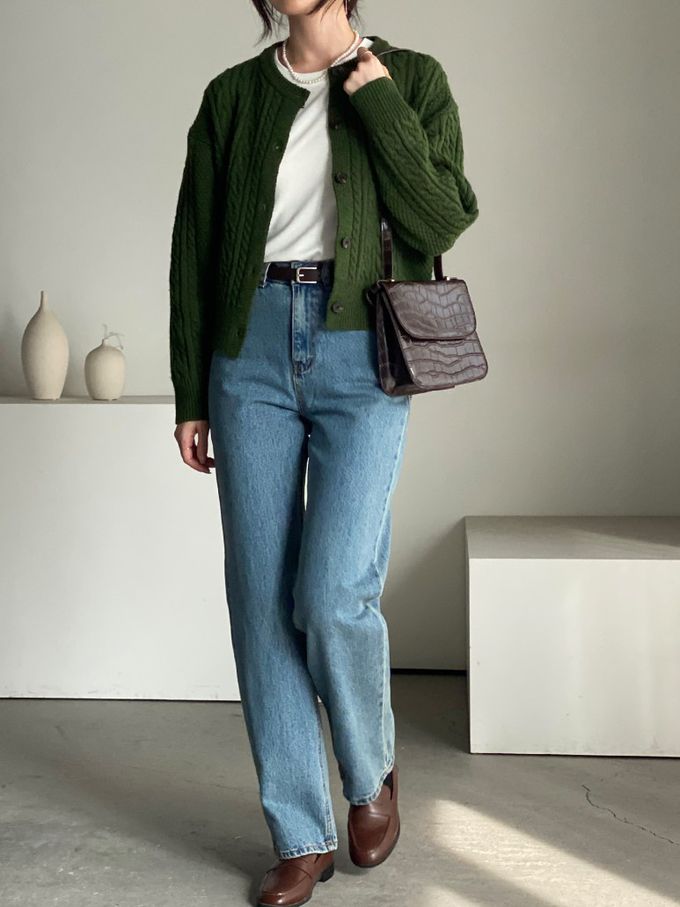 韓國女裝連線 - 麻花捲鈕扣無領針織外套-墨綠 (FREE)