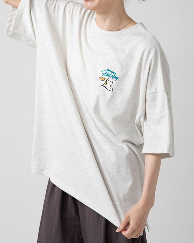 日本 gleam - 幽靈熱狗美式印花寬大風短袖T恤-燕麥灰