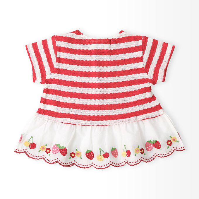 日本 ZOOLAND - 甜蜜草莓緹花條紋可愛刺繡上衣-紅