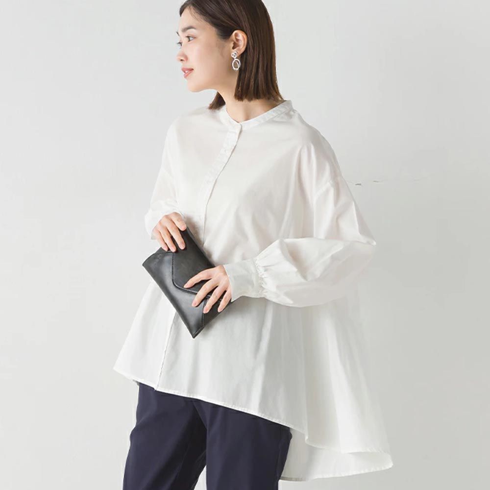 日本 OMNES - 100%棉 前短後長寬鬆長袖襯衫-白