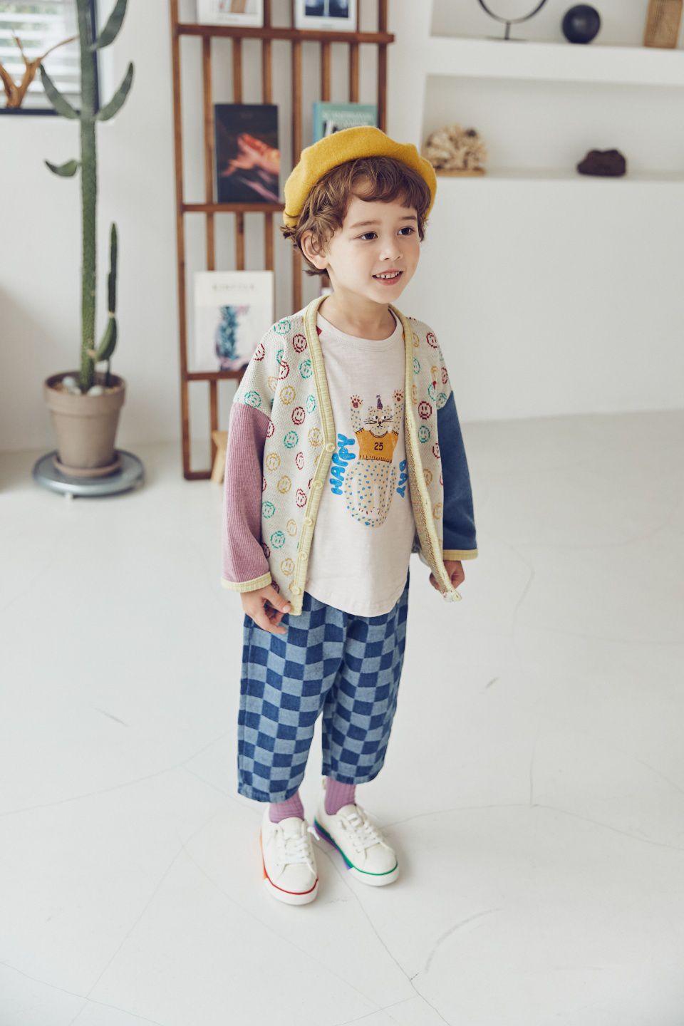 韓國 Mimico - 滿版笑臉狗狗刺繡針織外套-紫X深藍