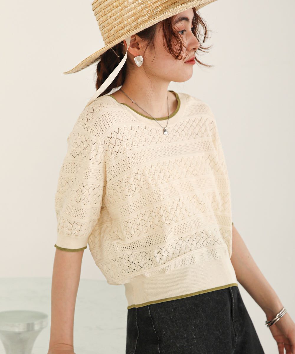 日本 Bab - 清新滾邊撞色針織上衣-淺黃