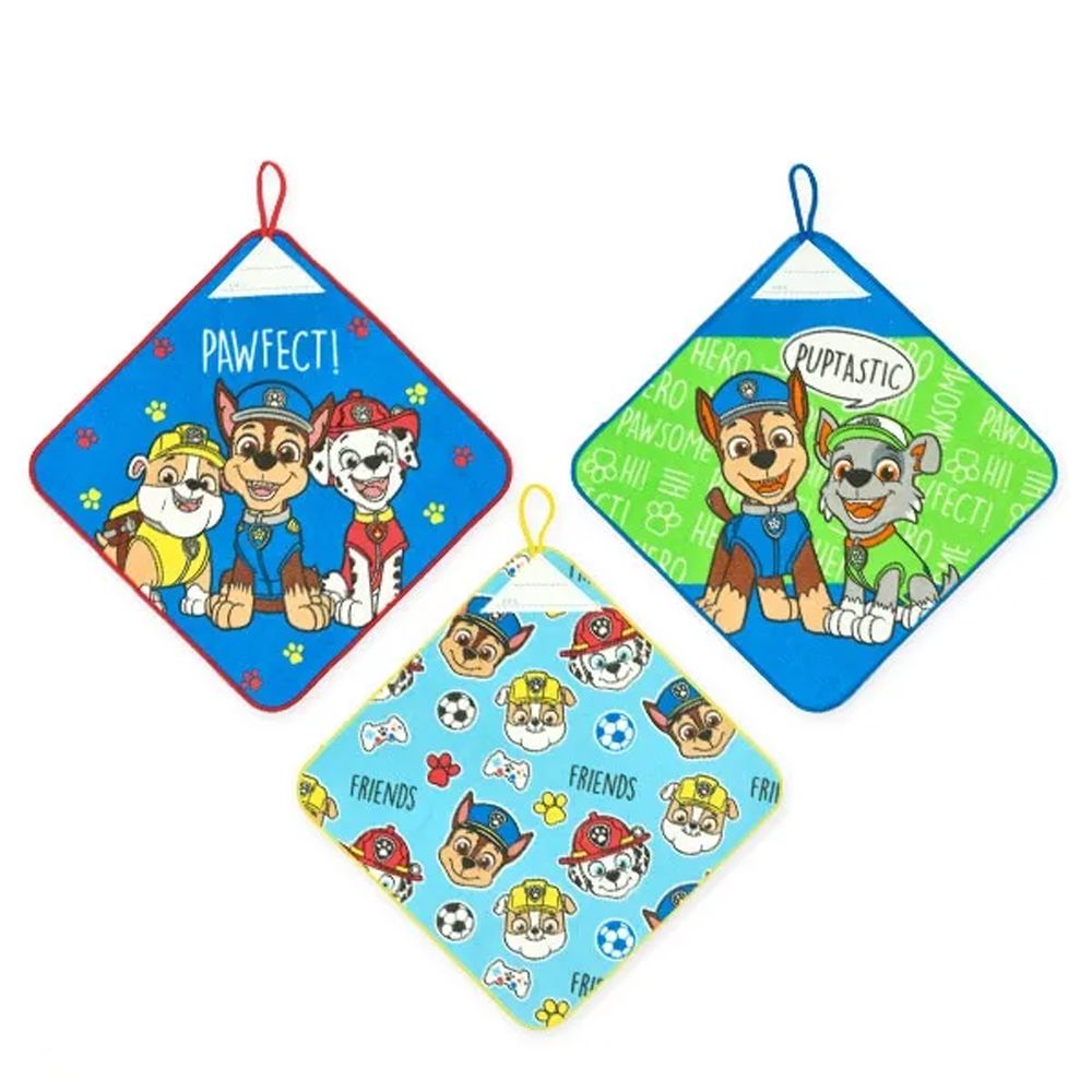 純棉可吊掛上學擦手巾/手帕(3入組)-卡通人物汪汪隊-藍 (27×27cm)