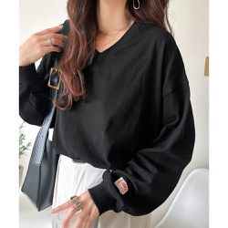 日本 Classical Elf - Java 簡約顯瘦V領長袖上衣-黑
