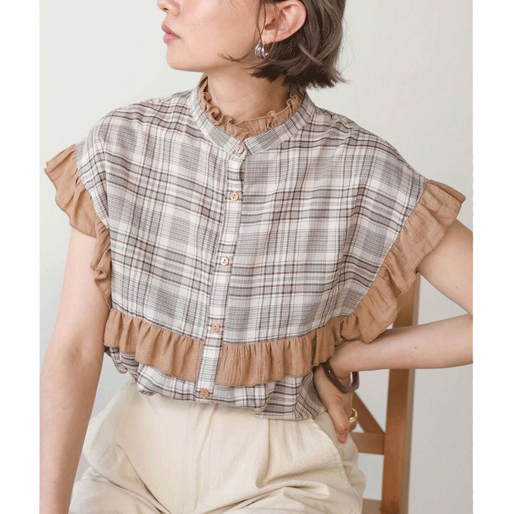 日本 Bou Jeloud - 設計感荷葉層次格紋短袖襯衫-杏