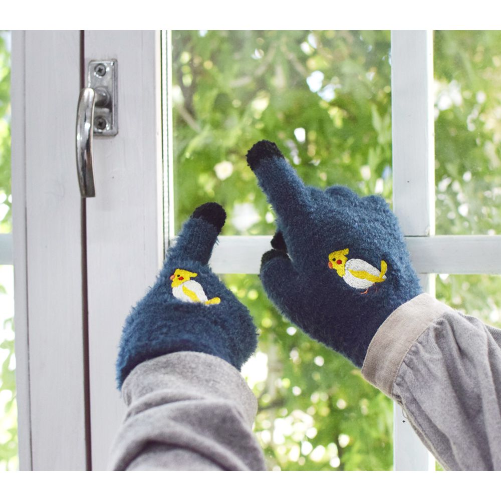 日本 TOMO - 兒童可觸控短絨保暖手套-鸚鵡-深藍