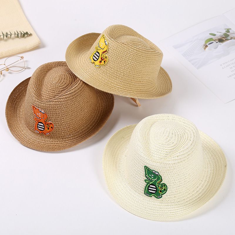 百搭兒童卷邊草帽/遮陽帽-調皮恐龍-杏色 (建議2-8歲)