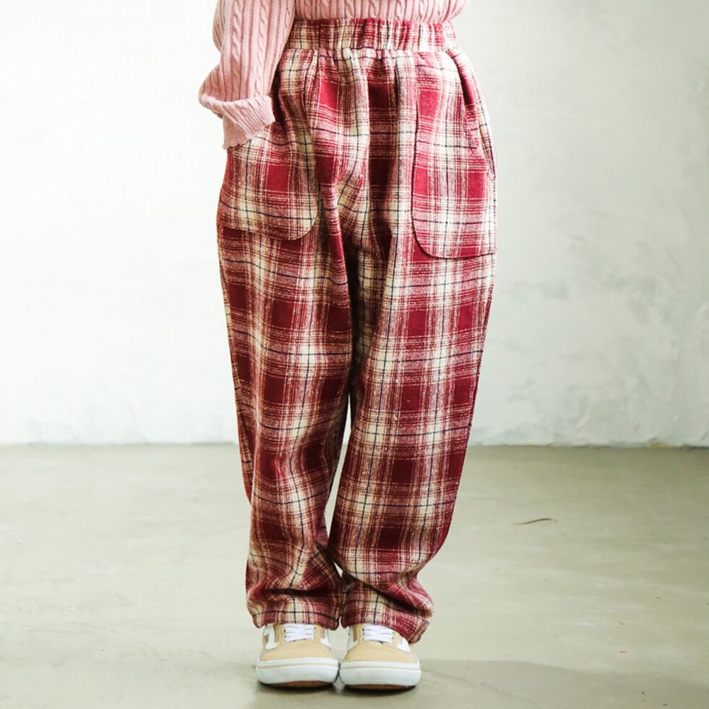 日本 PAIRMANON - 輕薄口袋寬鬆長褲-格紋-紅