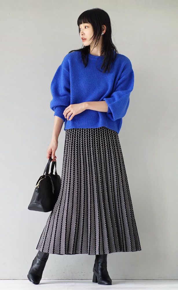 日本 zootie - 針織線條俐落感百摺長裙-黑白系