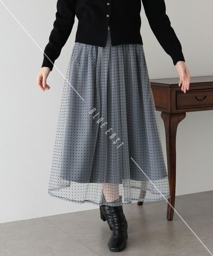 日本 BLUE EAST - 華麗雙層薄紗魅力長裙(可選長度)-格紋-黑