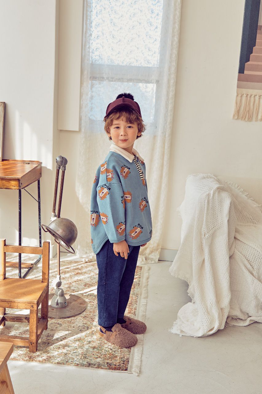 韓國 Mimico - (裏起毛)獅子開襟T-藍