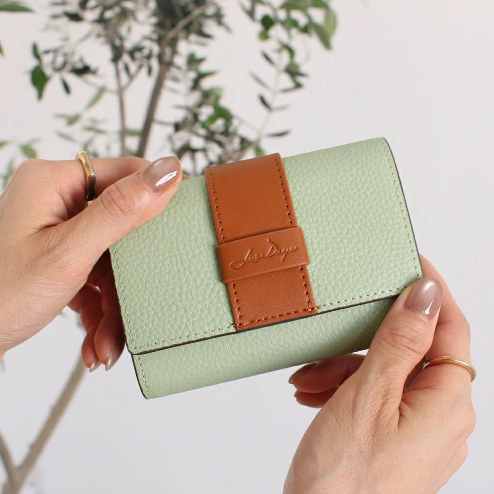 真皮迷你三折配色風琴短夾-開心果綠x橘棕