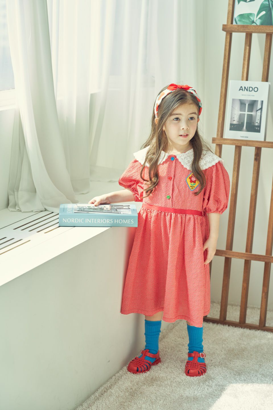 韓國 Mimico - 蕾絲花朵領小格子洋裝