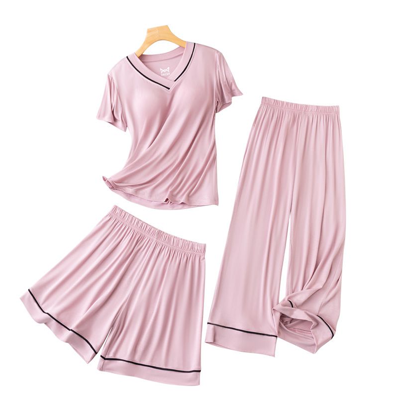 V領莫代爾Bra T短袖家居服套裝-短袖+短褲-紫粉色