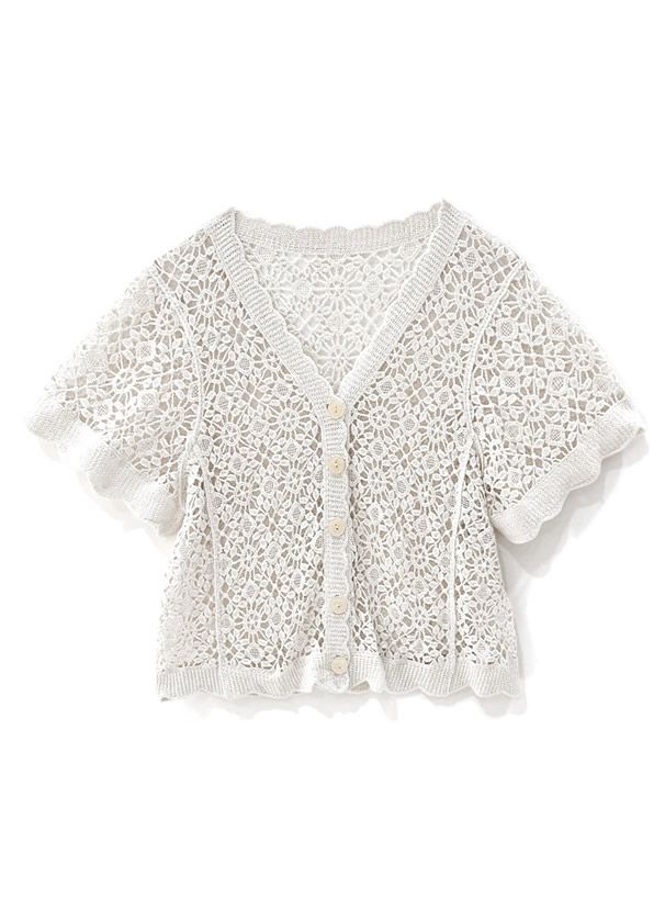 日本 GRL - 花朵鉤針V領薄外套-米杏