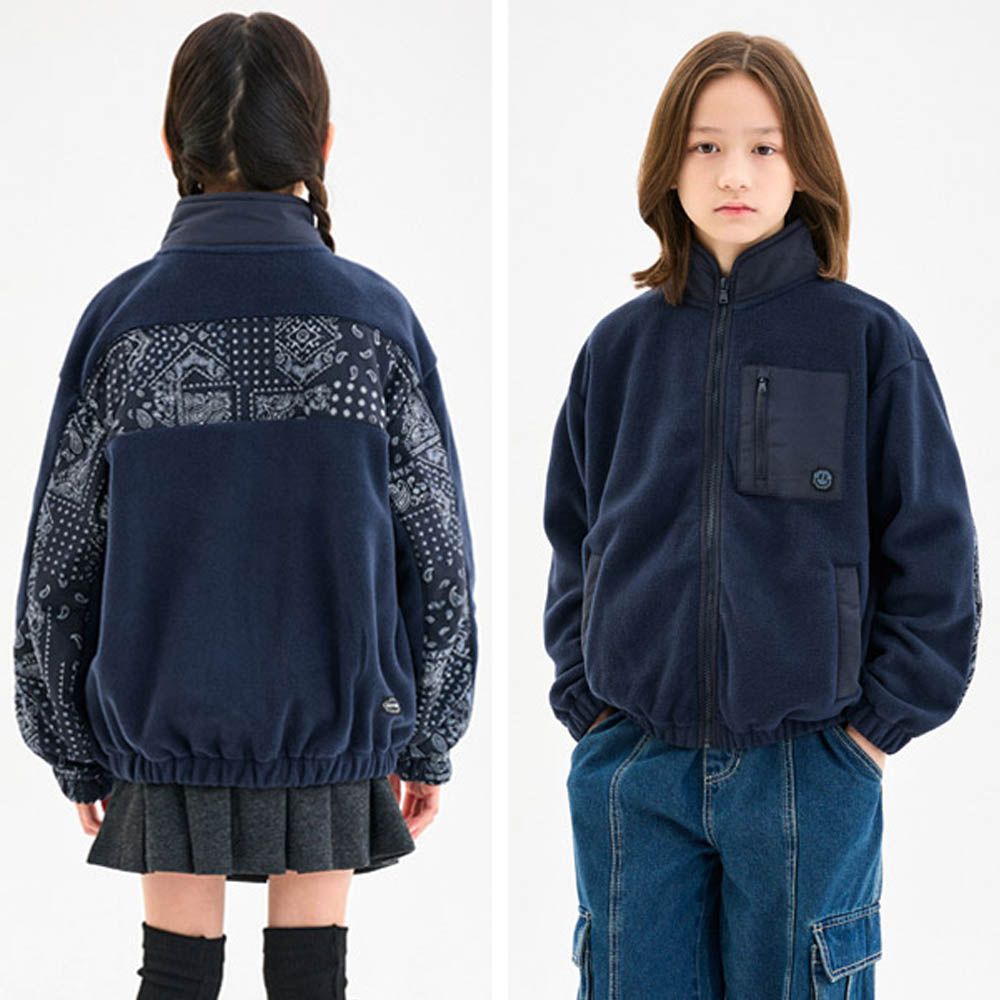 變形蟲圖紋搖粒絨立領外套-海軍藍