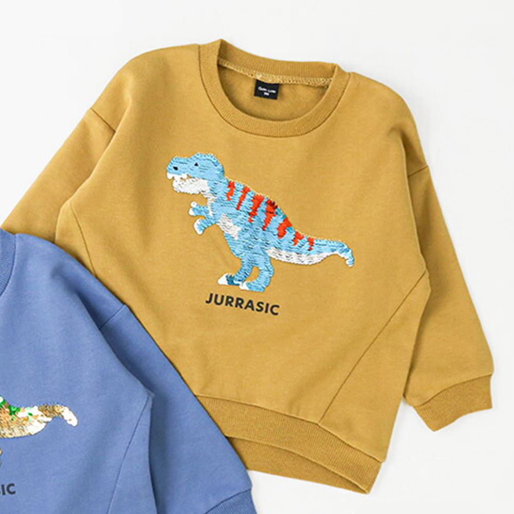 裏起毛 帥氣男孩長袖上衣-亮片恐龍-芥黃