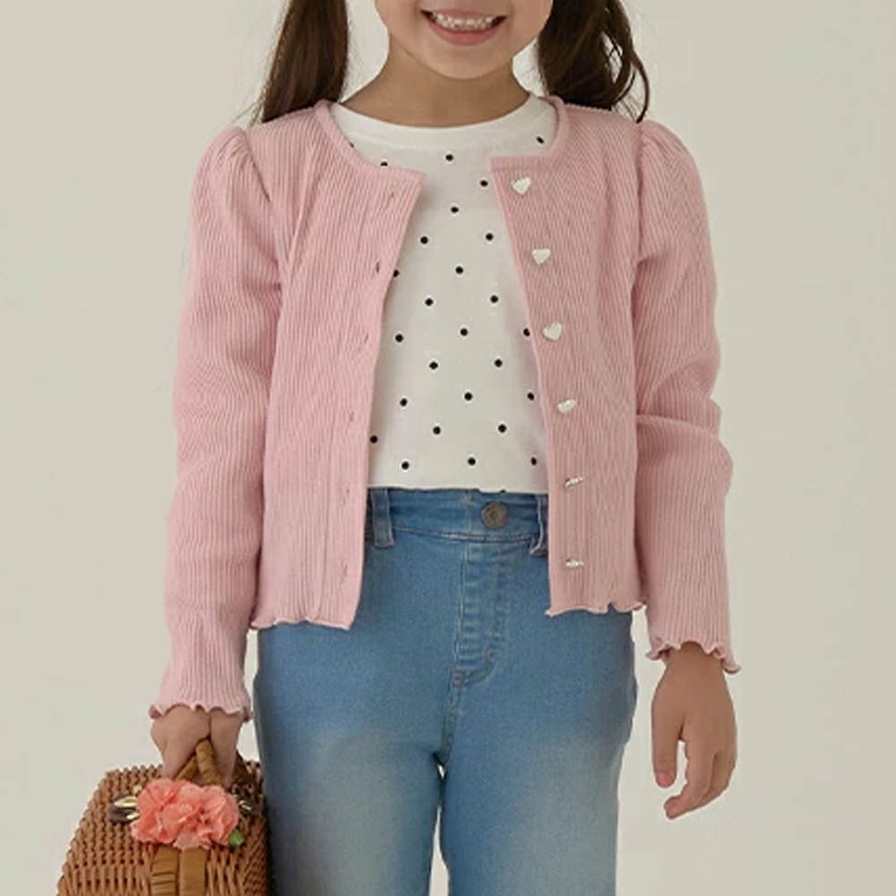 愛心鈕扣羅紋針織薄外套-粉紅