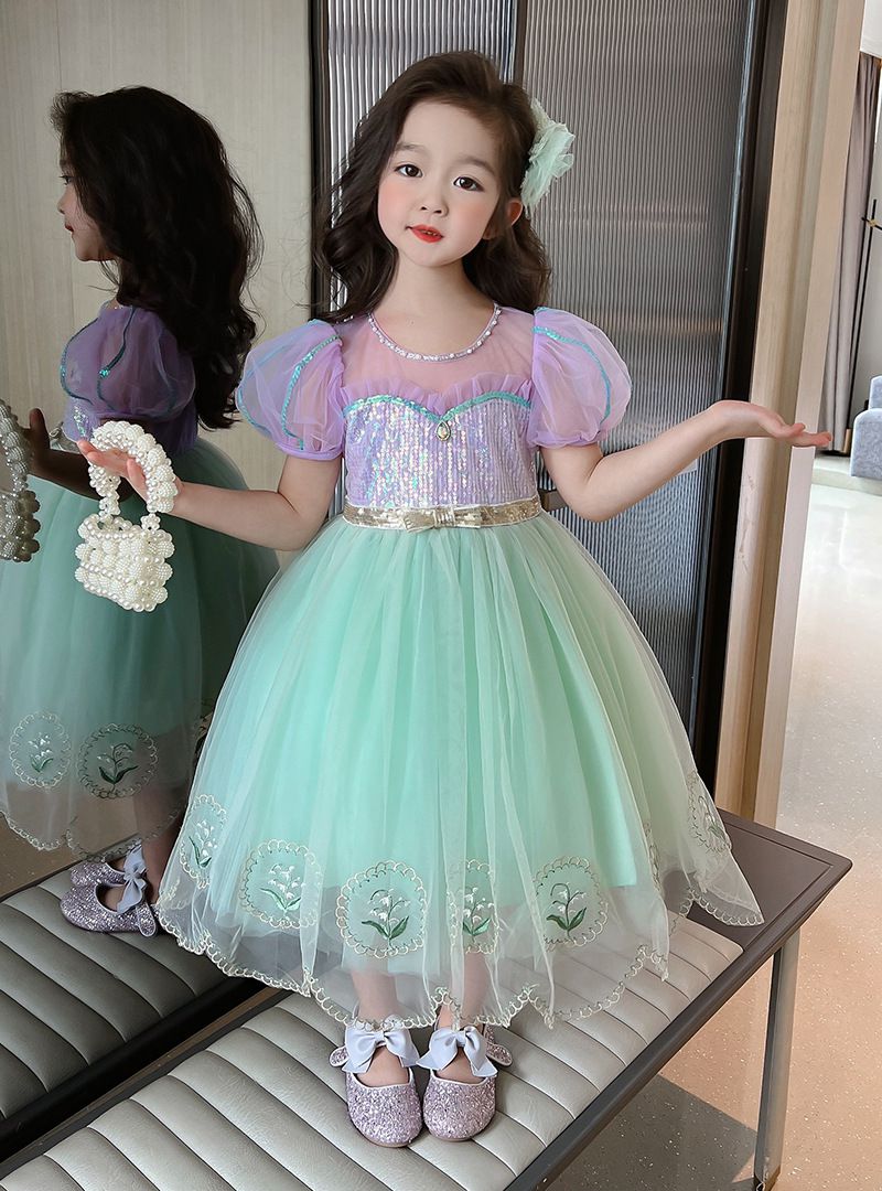 公主風亮晶晶短袖連身裙-美人魚配色-果綠+紫