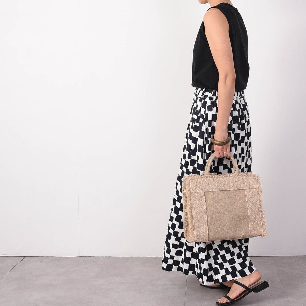 日本 COOCO - 棉麻流蘇大容量方型手提包-焦糖 (30x26x12cm)