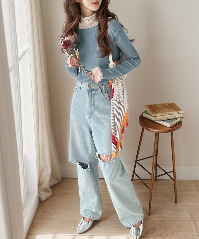 日本 Classical Elf - [必收]logo刺繡羅紋百搭長袖上衣-灰棕