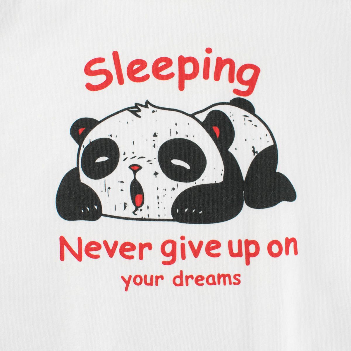 純棉圓領薄長袖上衣-懶惰熊貓-米白+黑