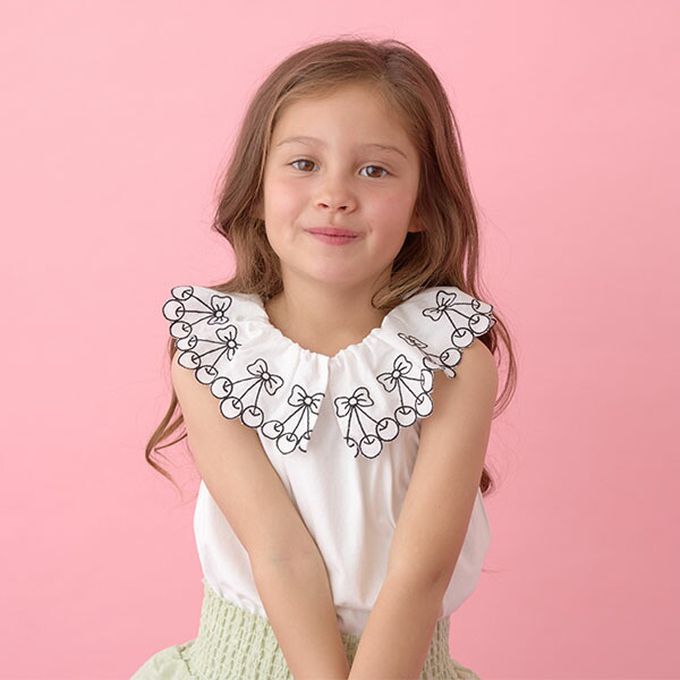 日本 Lycee mine - 精緻櫻桃蕾絲領無袖上衣-綠