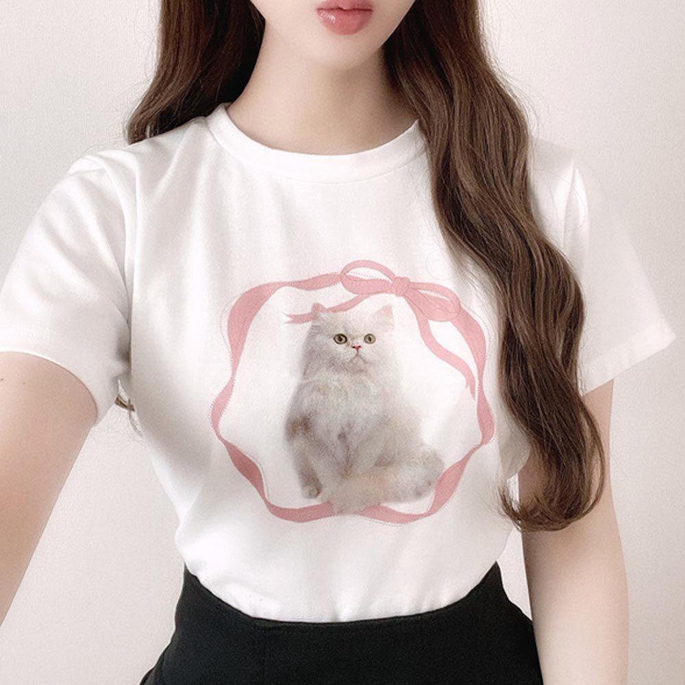日本 GRL - 甜美波斯貓緞帶短袖T恤-白 (F)