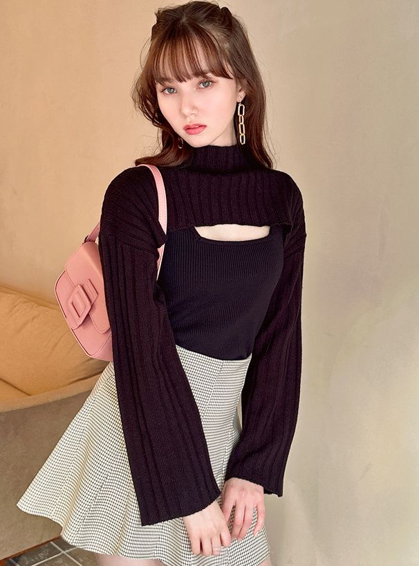 日本 GRL - 小立領羅紋兩件式針織上衣-灰藍 (F)