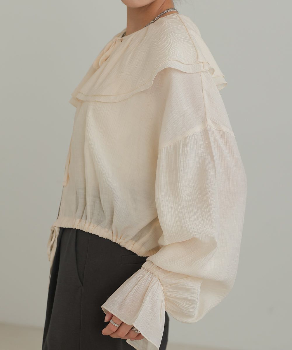 日本 Bab - 浪漫荷葉層次糖果袖襯衫-淺灰