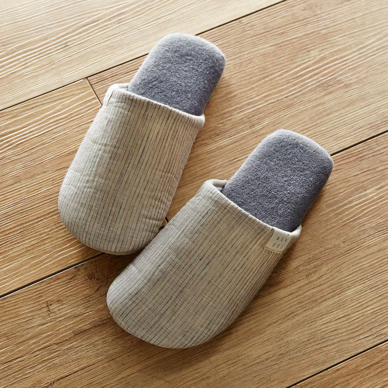 日本千趣會 - 棉麻質感無印風室內拖鞋-直條紋-灰杏