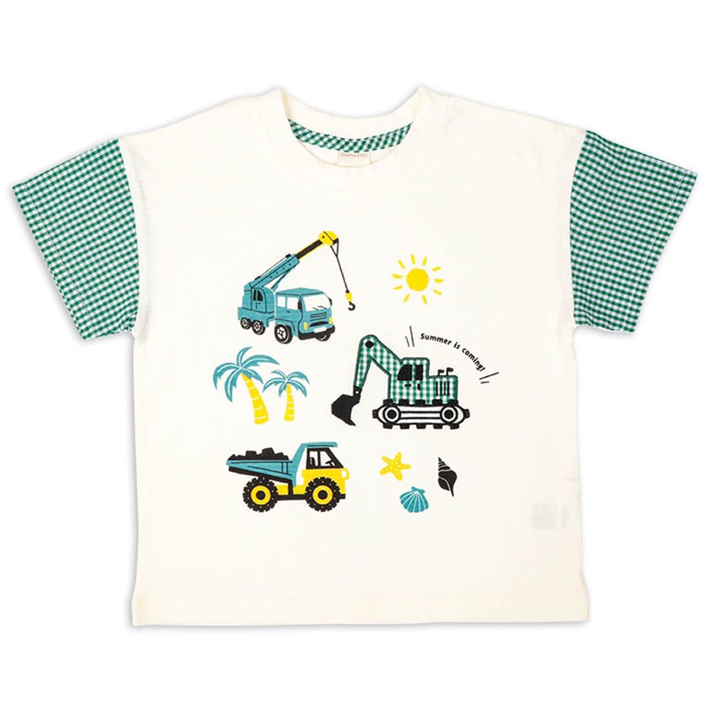 短袖T恤 格紋袖-兒童-米白色