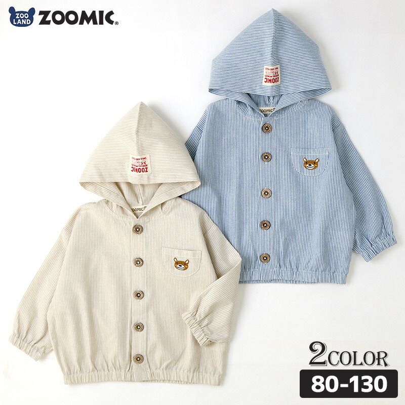 日本 ZOOLAND - 小熊刺繡口袋休閒連帽外套-藍條紋