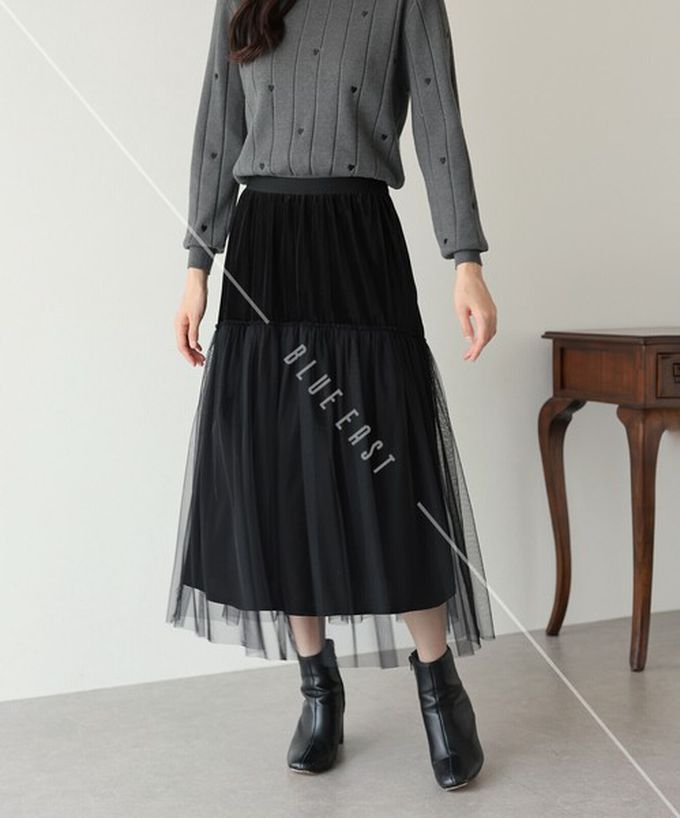 日本 BLUE EAST - 薄紗絲絨拼接飄逸長裙-(可選長度)-深藍