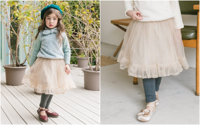 韓國 Coco Ribbon - 細緻網紗褲裙-米