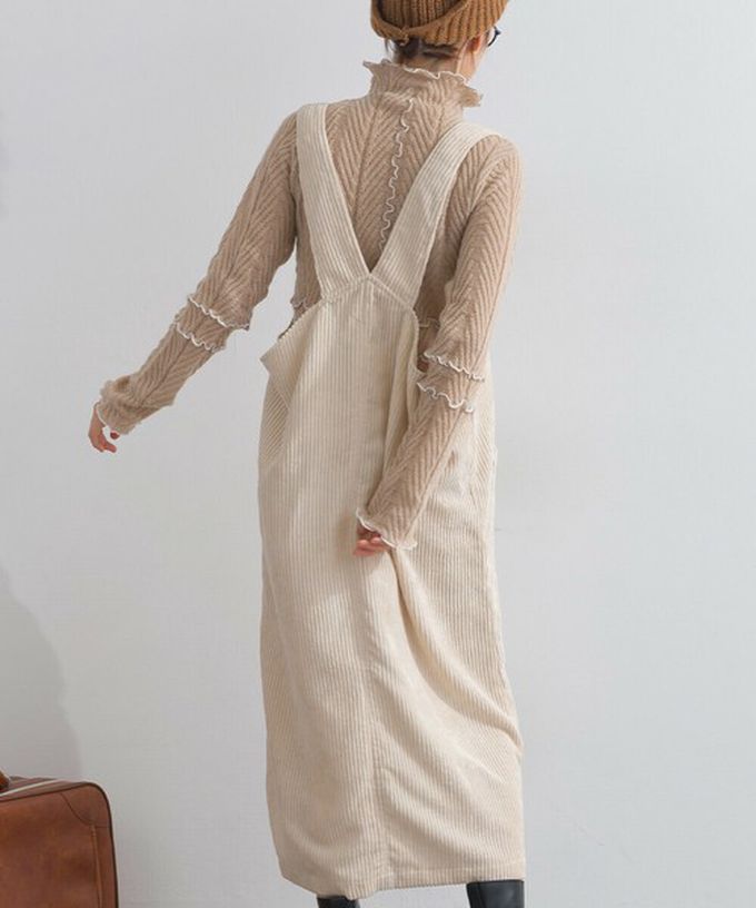 日本 Lupilien - 可愛厚實燈芯絨開叉吊帶裙-軍綠