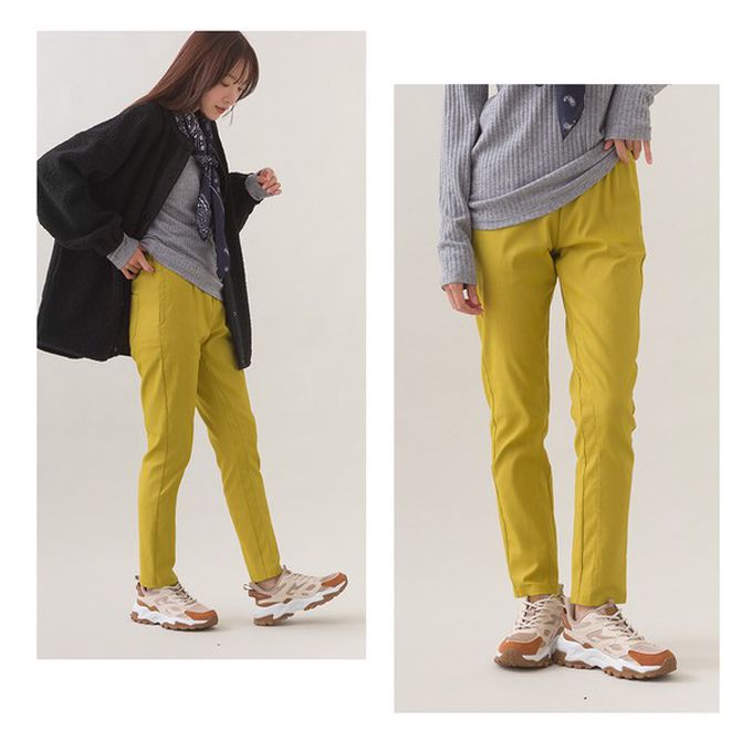 日本 OMNES - 美腳彈性內刷毛錐形長褲(後腰鬆緊)-芥末黃