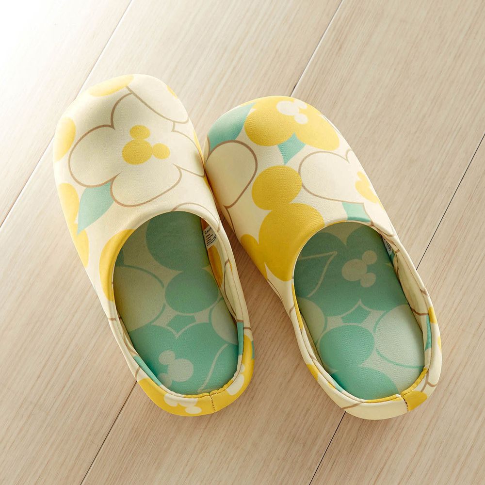 日本千趣會 - 迪士尼室內拖鞋(低反發)-花朵米奇-黃x綠 (23-25cm)